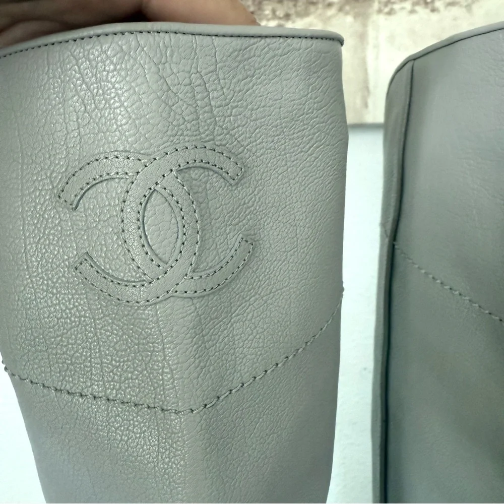 CHANEL Ascot Calfskin Leather Knee High CC Logo Riding Boots